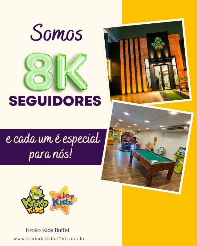 Chegamos a 8 mil seguidores! 💚🎉

Cada curtida, comentário, mensagem e carinho de vocês faz parte dessa história linda que estamos construindo juntos. Somos imensamente gratos por cada família que confia no Kroko Kids Buffet para viver momentos inesquecíveis, cheios de alegria, amor e encantamento.

Esse número representa muito mais do que seguidores: representa conexão, confiança e uma comunidade que cresce com a gente todos os dias. Obrigada por estarem aqui e por fazerem parte desse sonho! ✨

Kroko Kids Buffet | Assessoria @mimose.studio - Estratégia & Marketing